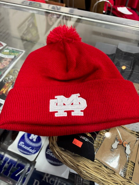 Mater Dei - White EMB ST Pom Pom Beanie
