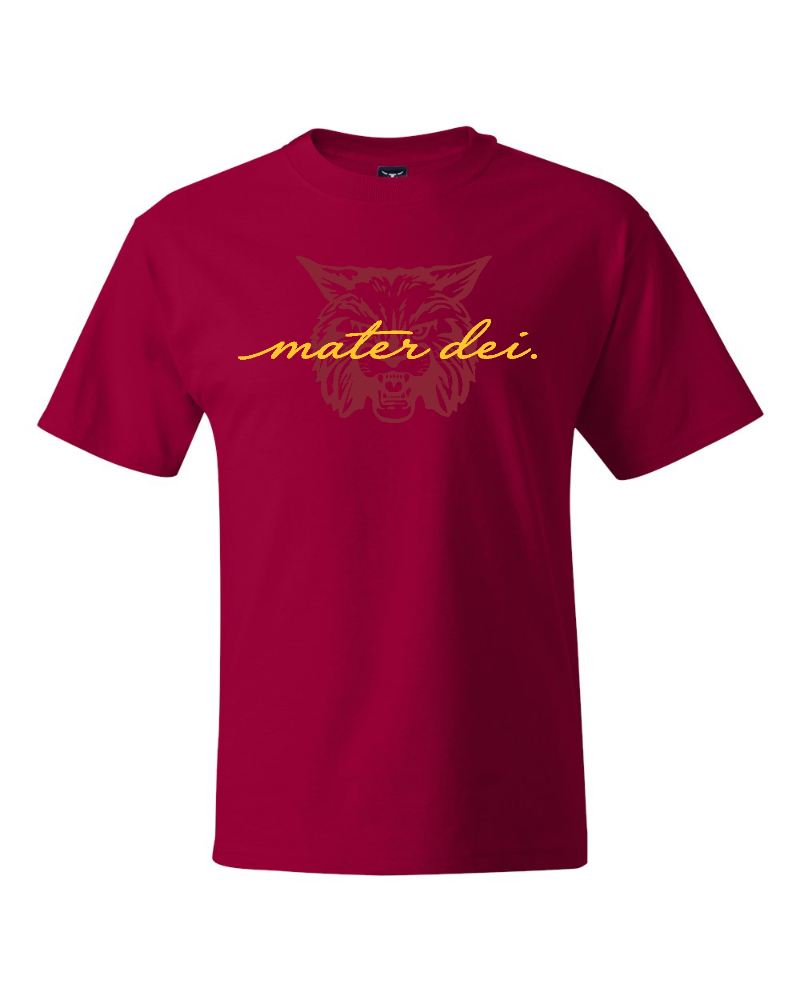 Mater Dei - Puff Script Hanes Beefy T Wildcat Head